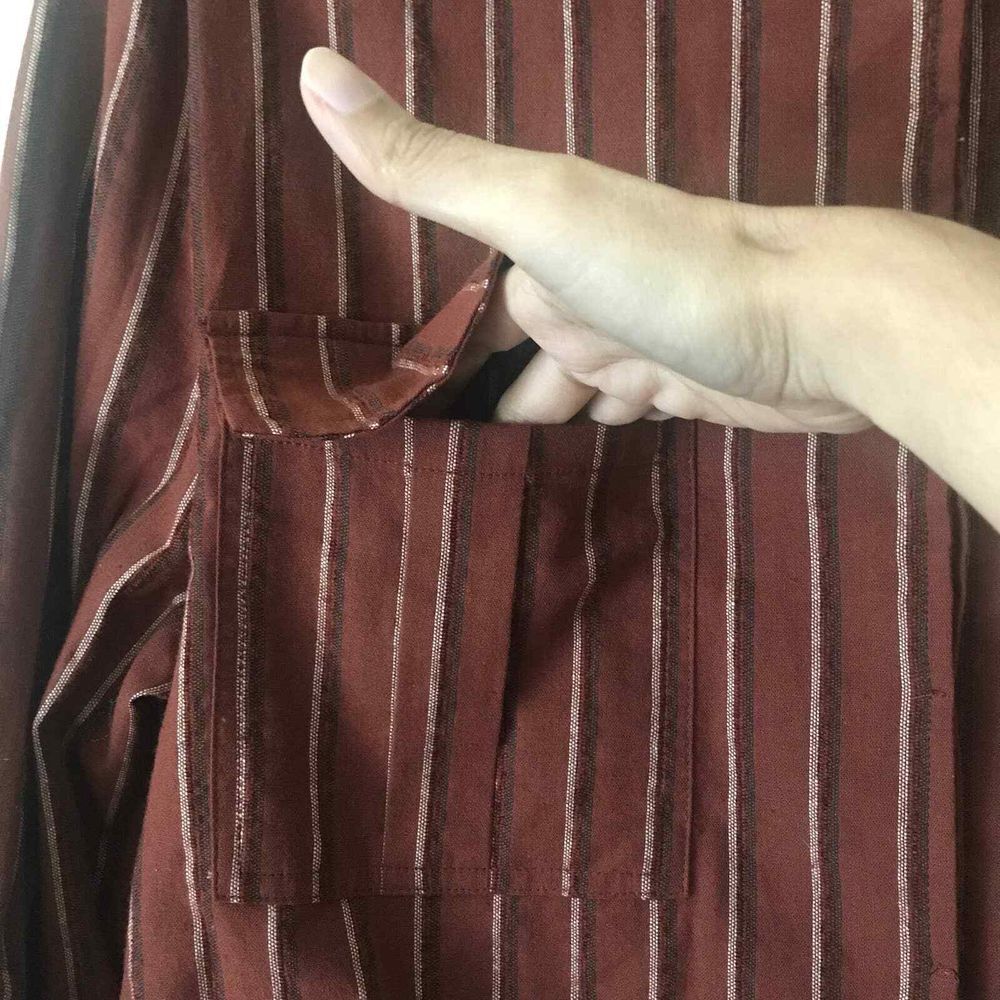 Mittoshop Blazer Womens Small Brown Striped Cropped Roll Tab Sleeve Boxy Fit - Picture 9 of 14